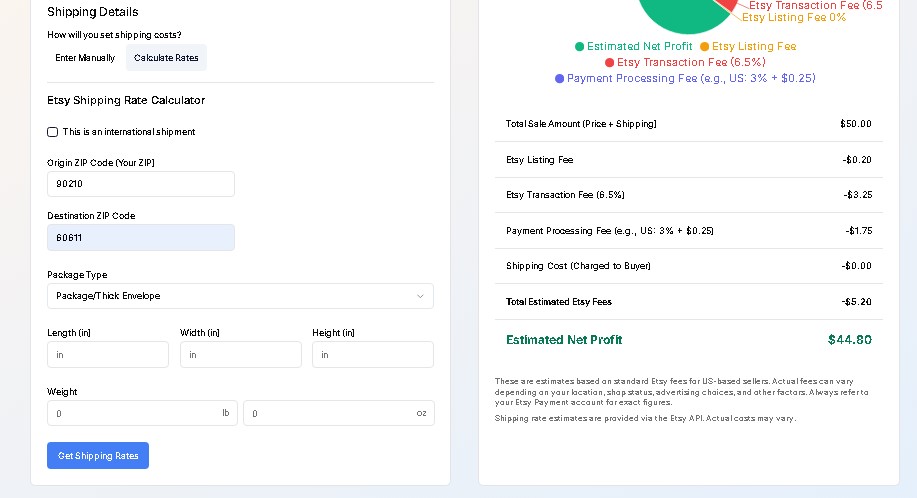 Screenshot of entering shipping cost into the Etsy calculator