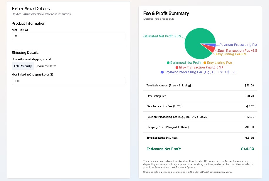 Screenshot of entering product price into the Etsy calculator
