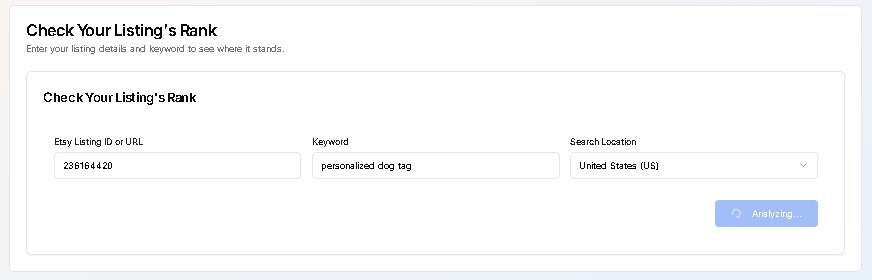 Screenshot of entering data into the Etsy Rank Checker Tool