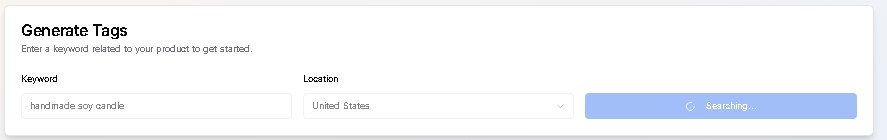 Screenshot of entering a keyword into the Etsy Tag Generator